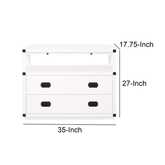 Wooden Frame Nightstand with 2 Drawers and 1 Pull Out Tray, White and Black
