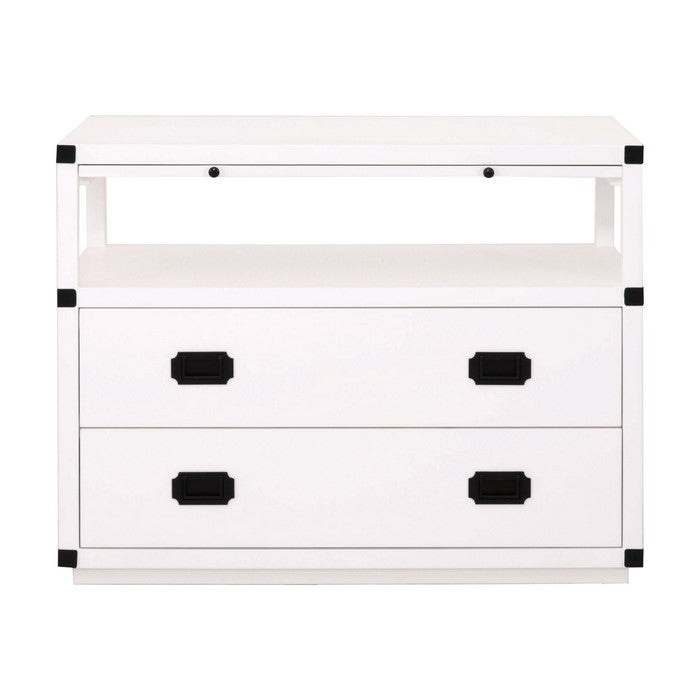 Wooden Frame Nightstand with 2 Drawers and 1 Pull Out Tray, White and Black