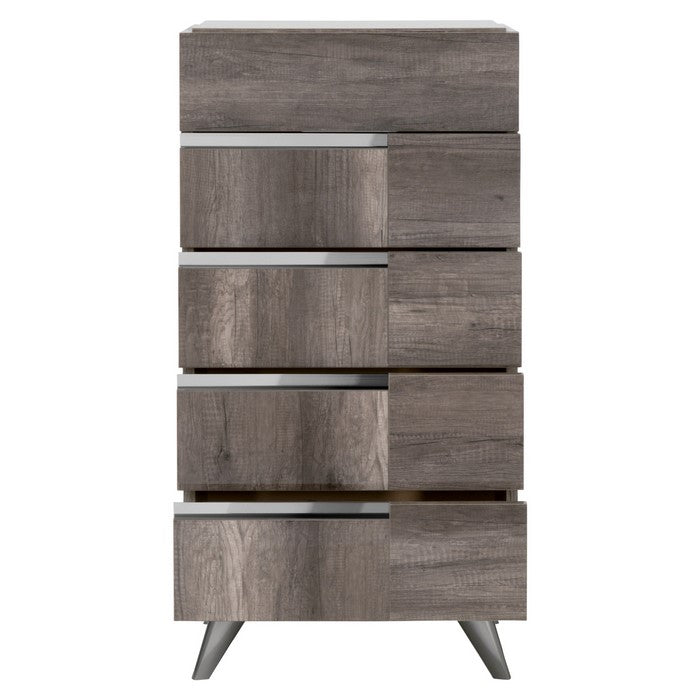 5 Drawers Wooden Frame Chest with Metal Trim, Brown and Silver