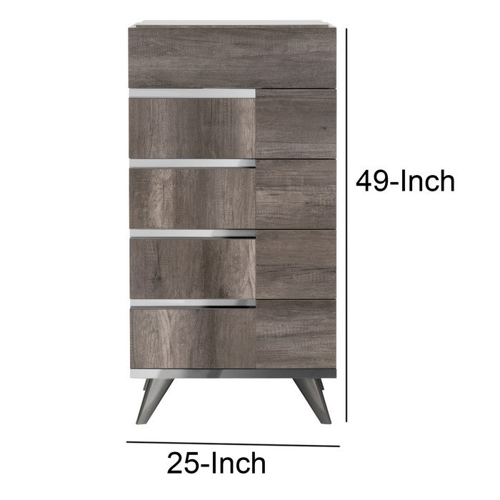 5 Drawers Wooden Frame Chest with Metal Trim, Brown and Silver