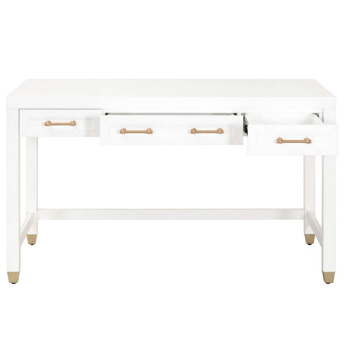 3 Drawers Wooden Frame Desk with Metal Tips, White and Brass