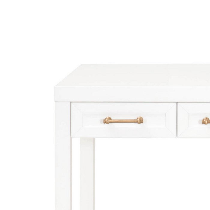3 Drawers Wooden Frame Desk with Metal Tips, White and Brass