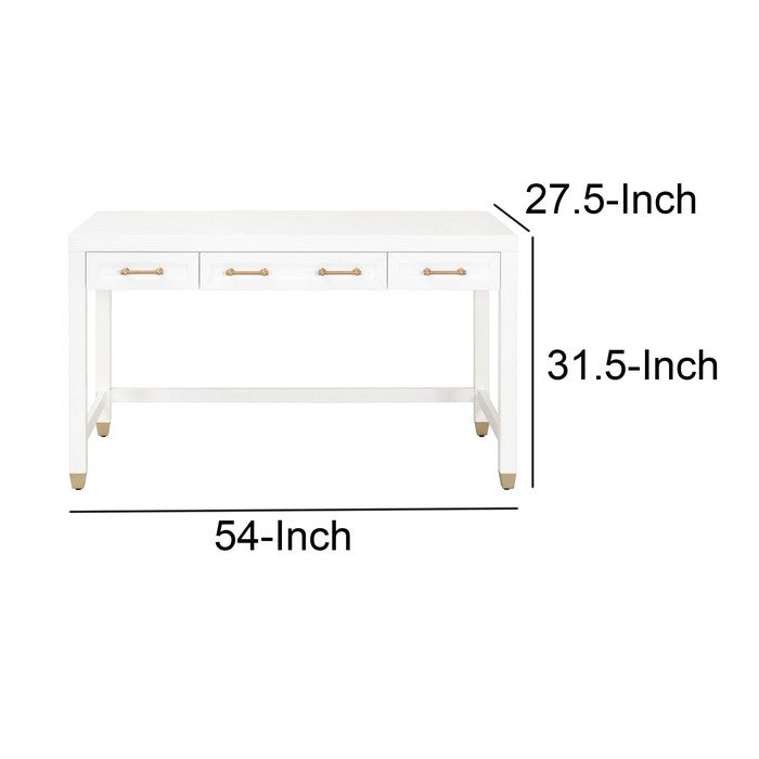 3 Drawers Wooden Frame Desk with Metal Tips, White and Brass
