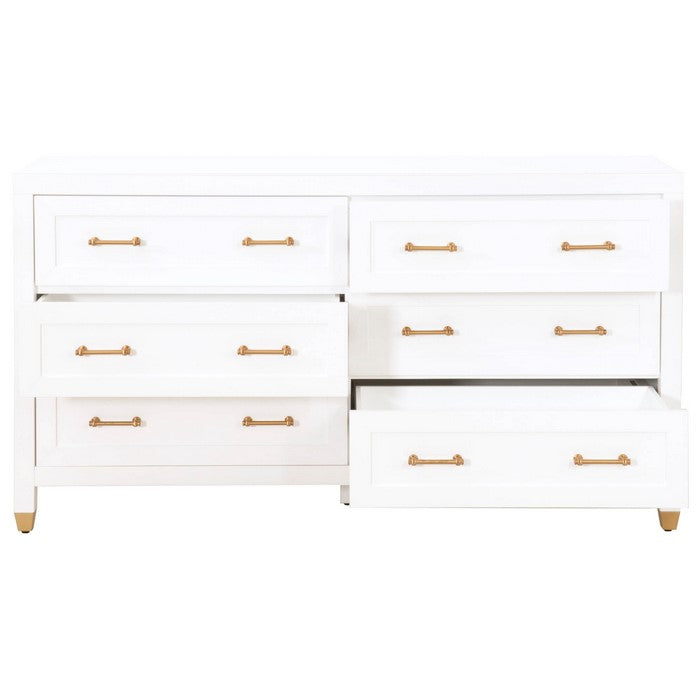 6 Drawers Wooden Frame Dresser with Metal Accent on Legs, White and Brass