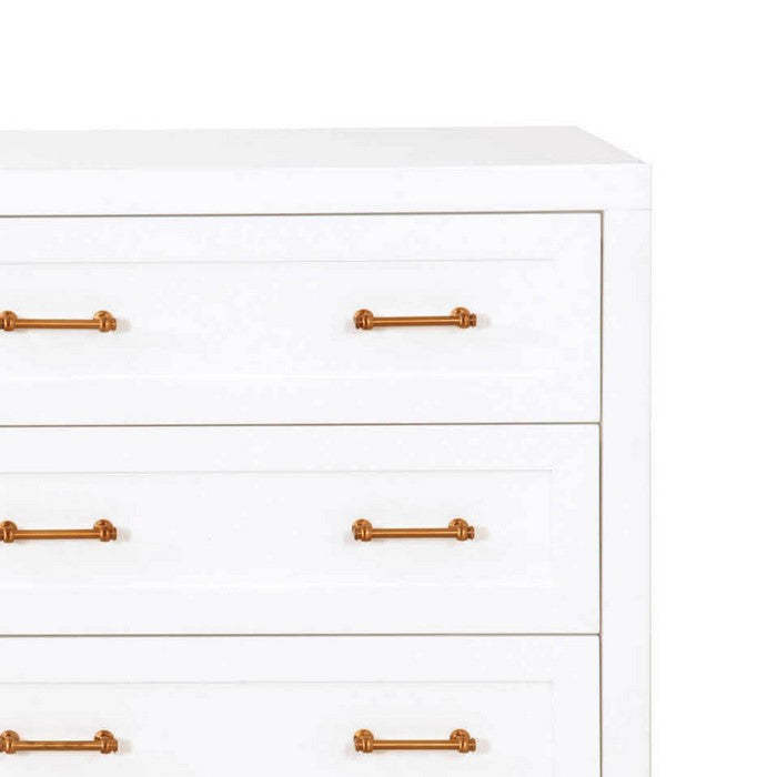 6 Drawers Wooden Frame Dresser with Metal Accent on Legs, White and Brass