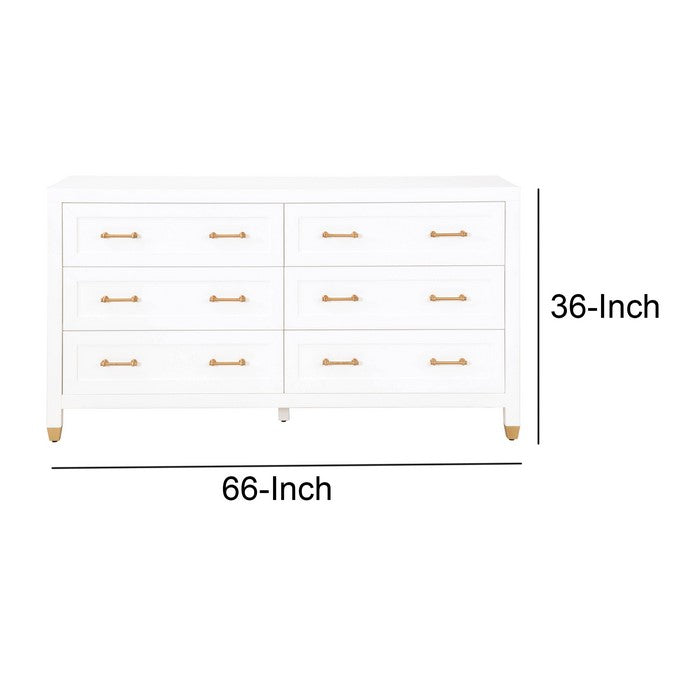 6 Drawers Wooden Frame Dresser with Metal Accent on Legs, White and Brass