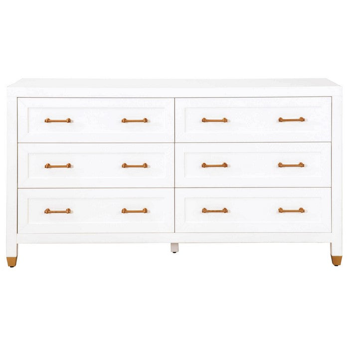6 Drawers Wooden Frame Dresser with Metal Accent on Legs, White and Brass