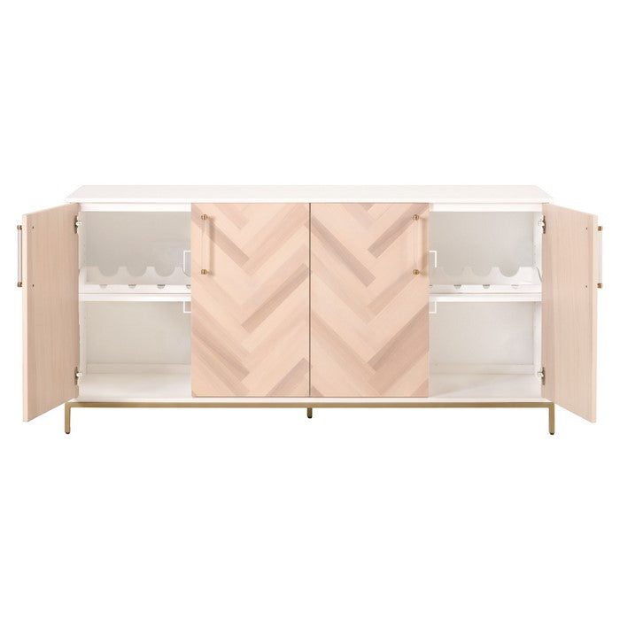 Herringbone Wooden Sideboard with 4 Doors and Metal Base, Brown and White