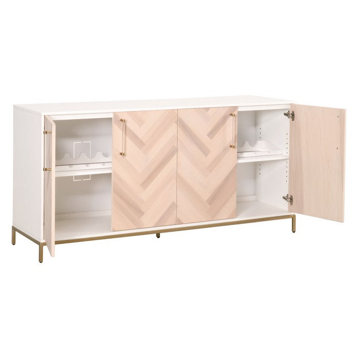 Herringbone Wooden Sideboard with 4 Doors and Metal Base, Brown and White