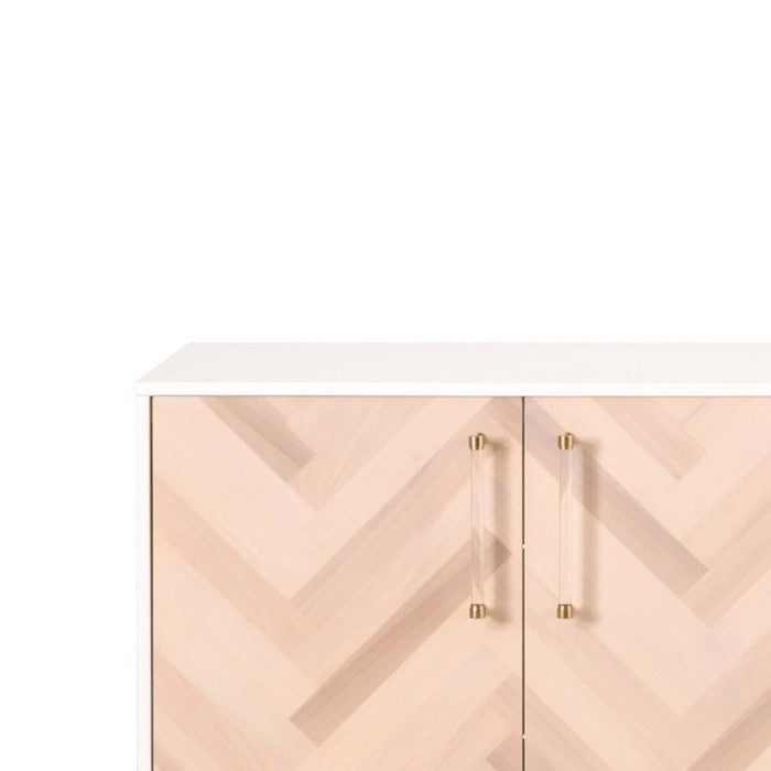 Herringbone Wooden Sideboard with 4 Doors and Metal Base, Brown and White