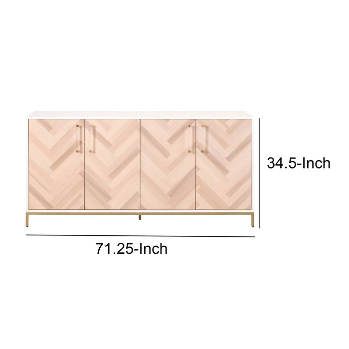 Herringbone Wooden Sideboard with 4 Doors and Metal Base, Brown and White