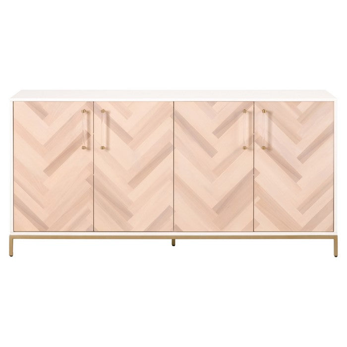 Herringbone Wooden Sideboard with 4 Doors and Metal Base, Brown and White