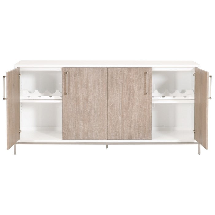 Grained Wooden Sideboard with 4 Doors and Metal Base, Brown and White