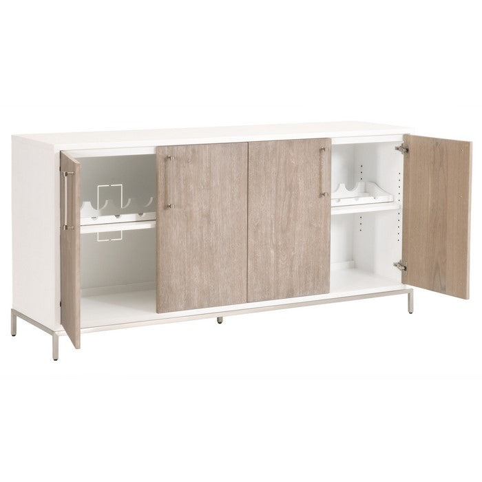 Grained Wooden Sideboard with 4 Doors and Metal Base, Brown and White