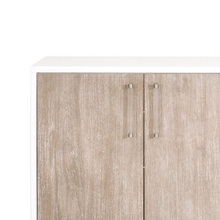 Grained Wooden Sideboard with 4 Doors and Metal Base, Brown and White