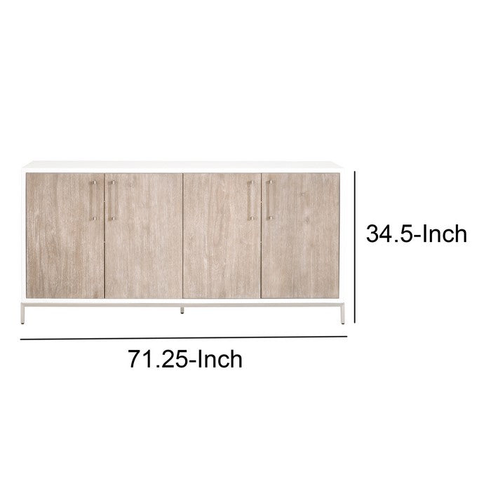 Grained Wooden Sideboard with 4 Doors and Metal Base, Brown and White