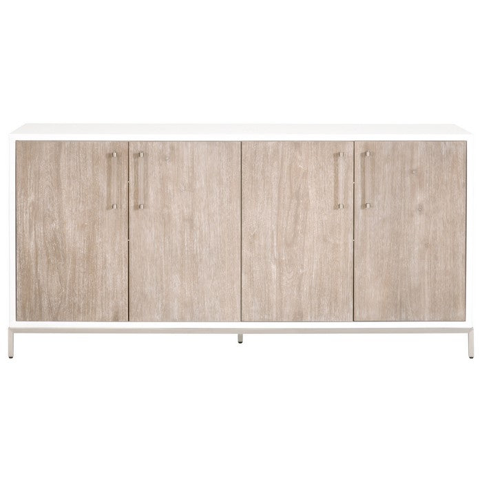 Grained Wooden Sideboard with 4 Doors and Metal Base, Brown and White