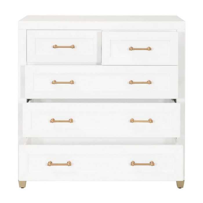 5 Drawers Wooden Frame Chest with Metal Accent on Legs, White and Brass