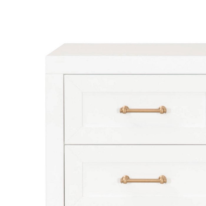 5 Drawers Wooden Frame Chest with Metal Accent on Legs, White and Brass