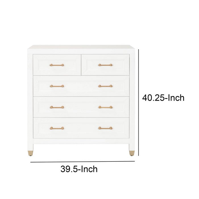5 Drawers Wooden Frame Chest with Metal Accent on Legs, White and Brass