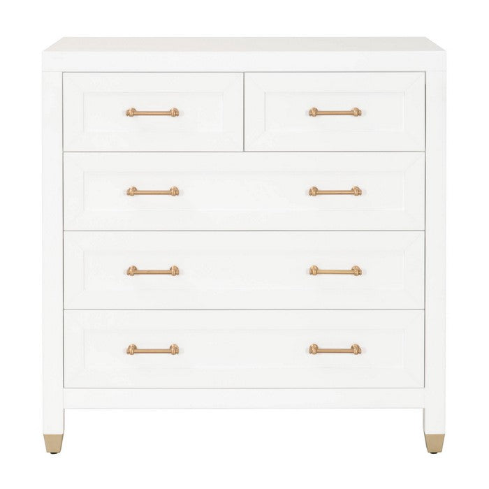 5 Drawers Wooden Frame Chest with Metal Accent on Legs, White and Brass