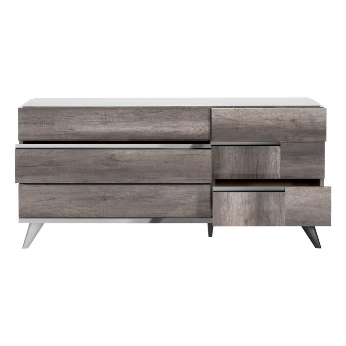 6 Drawers Wooden Frame Dresser with Metal Trim, Brown and Silver
