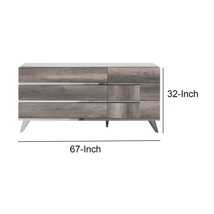 6 Drawers Wooden Frame Dresser with Metal Trim, Brown and Silver