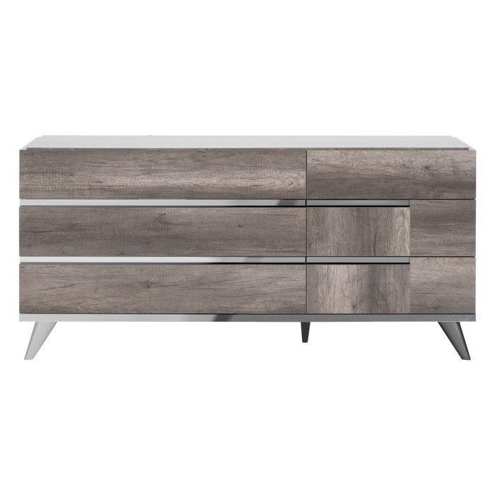 6 Drawers Wooden Frame Dresser with Metal Trim, Brown and Silver