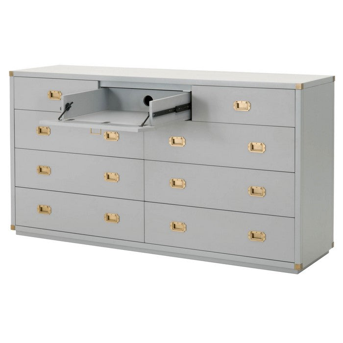 9 Drawers Wooden Media Dresser with Flip Down Storage, Gray and Gold