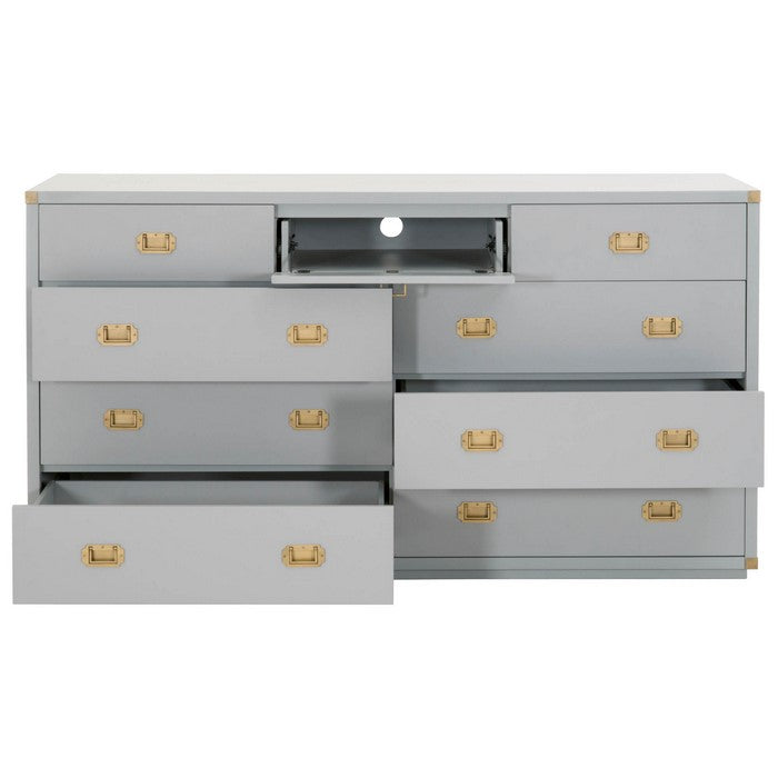 9 Drawers Wooden Media Dresser with Flip Down Storage, Gray and Gold