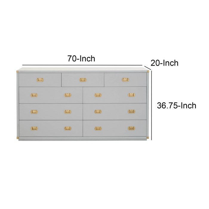 9 Drawers Wooden Media Dresser with Flip Down Storage, Gray and Gold