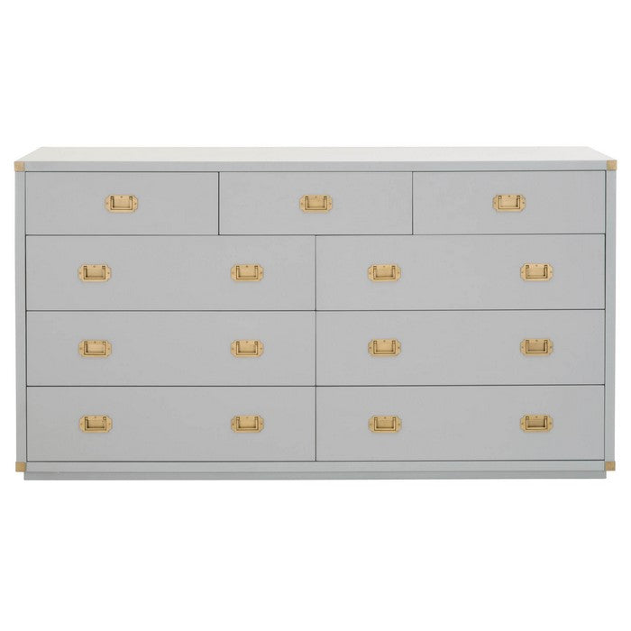 9 Drawers Wooden Media Dresser with Flip Down Storage, Gray and Gold