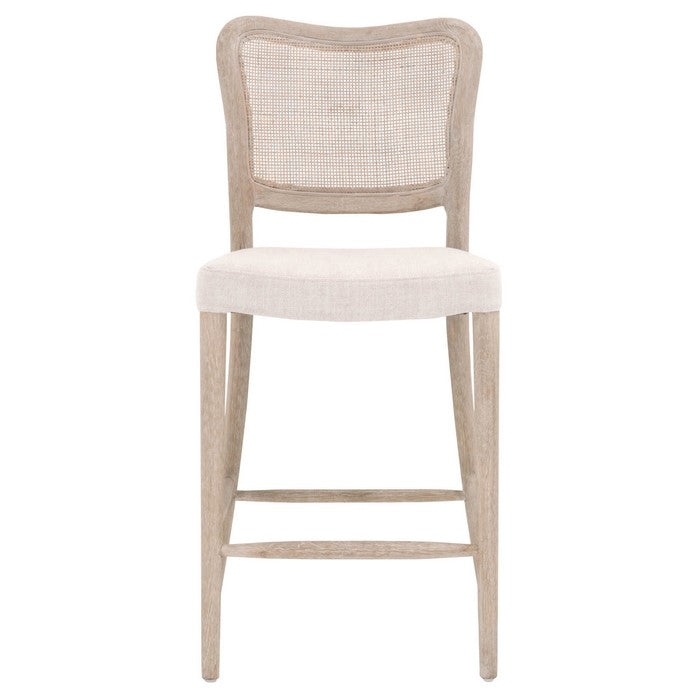Cane Back Wooden Frame Counter Stool with Padded Seat, Beige