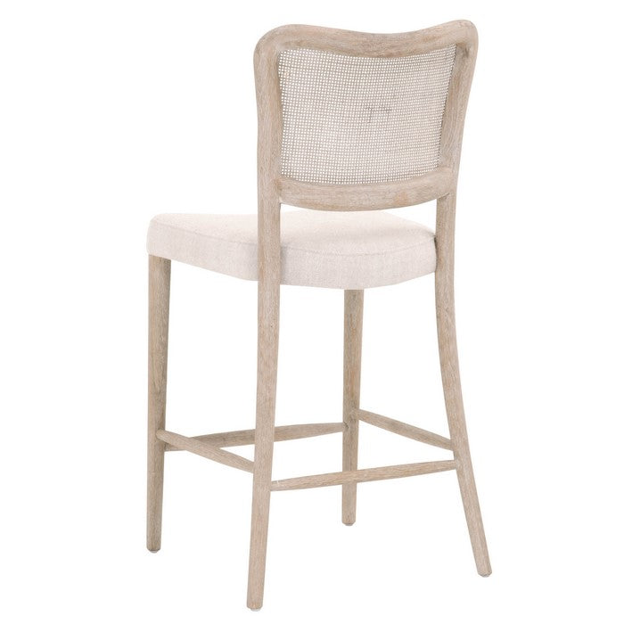 Cane Back Wooden Frame Counter Stool with Padded Seat, Beige