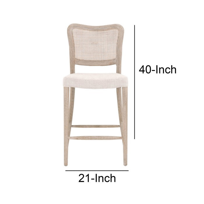 Cane Back Wooden Frame Counter Stool with Padded Seat, Beige