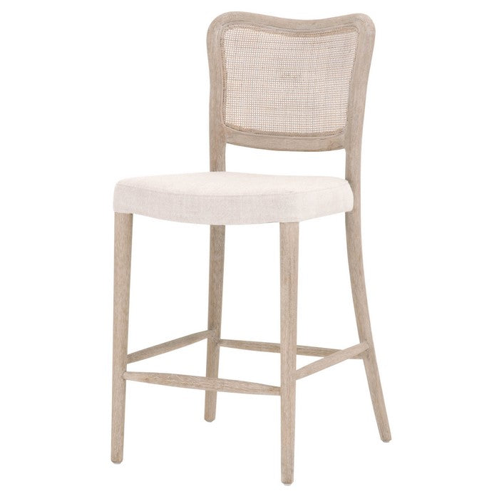 Cane Back Wooden Frame Counter Stool with Padded Seat, Beige
