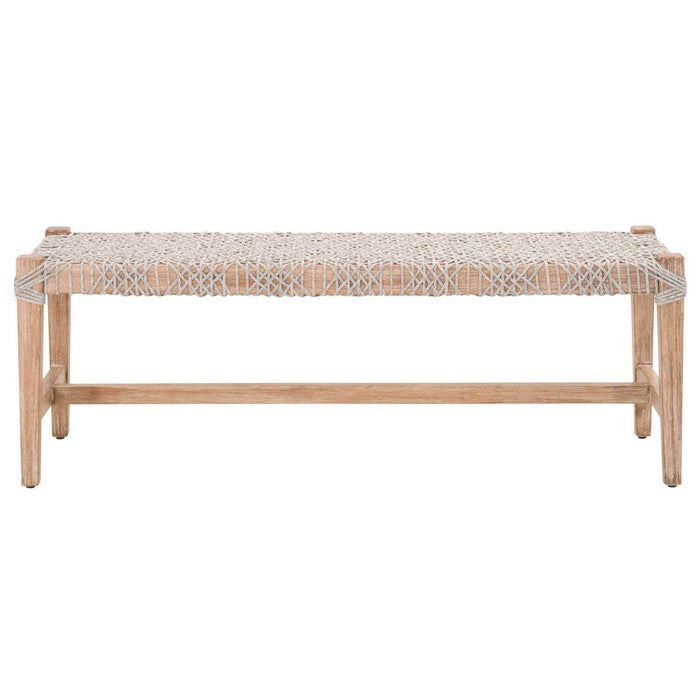 Interwind Rope Top Wooden Frame Bench with Trestle Base, Gray and Brown