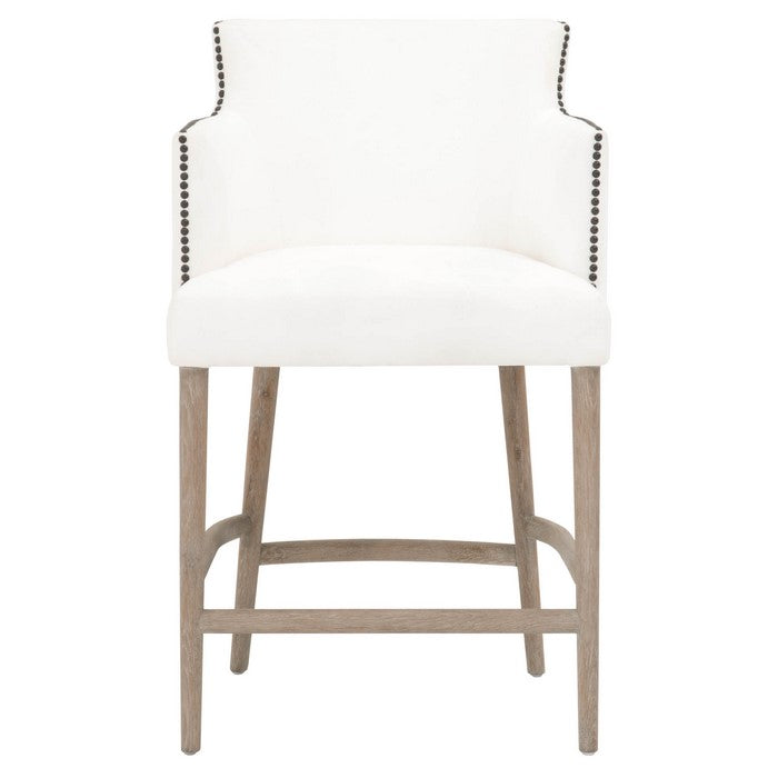 Nailhead Trim Fabric Upholstered Counter Stool, White and Brown