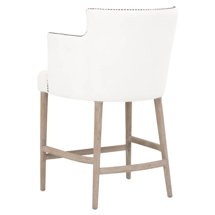 Nailhead Trim Fabric Upholstered Counter Stool, White and Brown