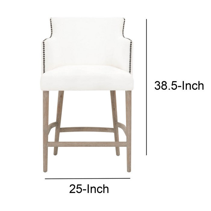 Nailhead Trim Fabric Upholstered Counter Stool, White and Brown