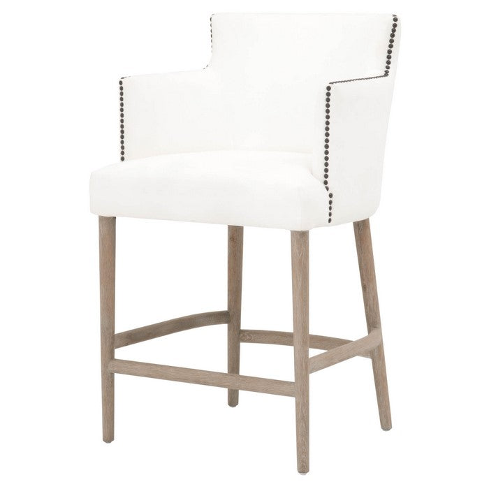 Nailhead Trim Fabric Upholstered Counter Stool, White and Brown