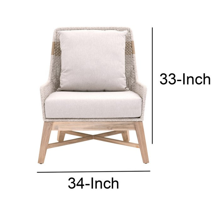 Interwoven Rope Wooden Club Chair with Padded Seat, Gray and Brown