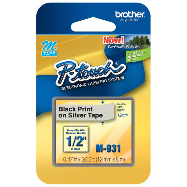 Brother Tape Cartridge 0.5IN Wide, Non-laminated Black on Silver (M931)