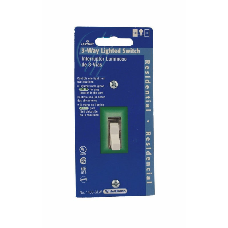 Leviton 1463-GLW Switch 3-Way Lighted Toggle, Residential Grade, Cof Wh Side Wired With Ground Screw