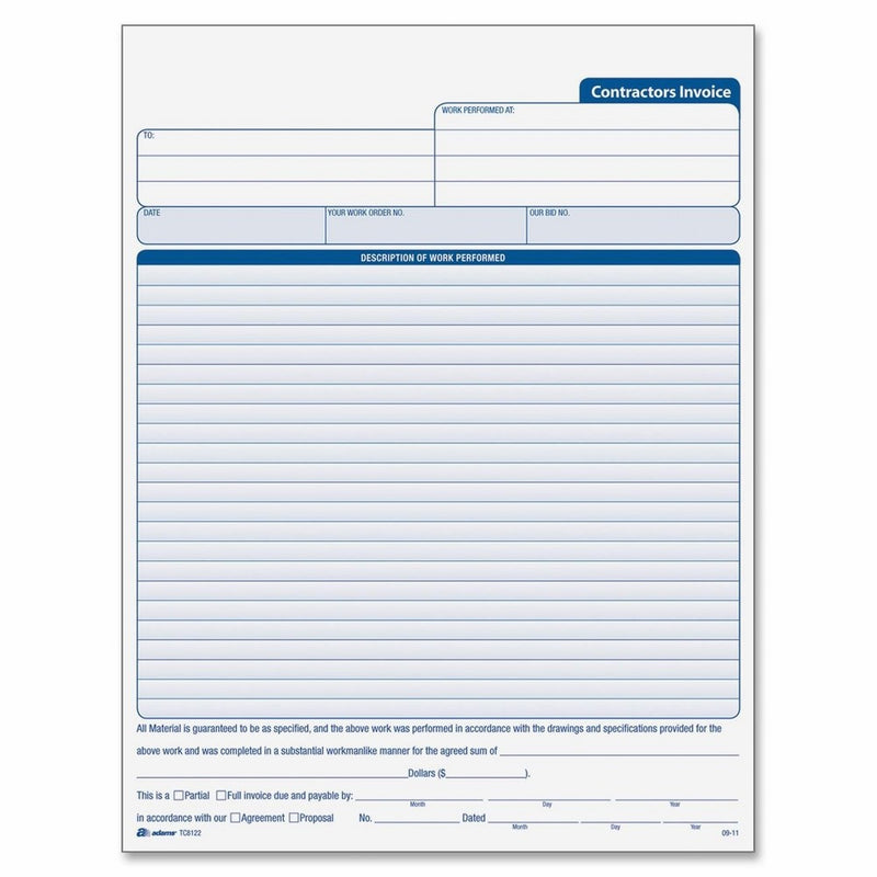 Adams Contractor's Invoice Book 8.38 x 11.44 Inch, 3-Part, Carbonless, 50 Sets, White, Canary, Pink (TC8122)