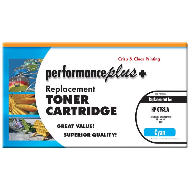 Performance Plus Remanufactured Q7581A Cyan Laser Toner Cartridge, Qualtity, Clear, Crisp Printing