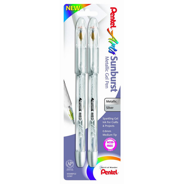 Pentel Arts Sunburst Metallic Gel Pen, Medium Line, Permanent, Silver Ink, 2 Pack (K908BP2Z)