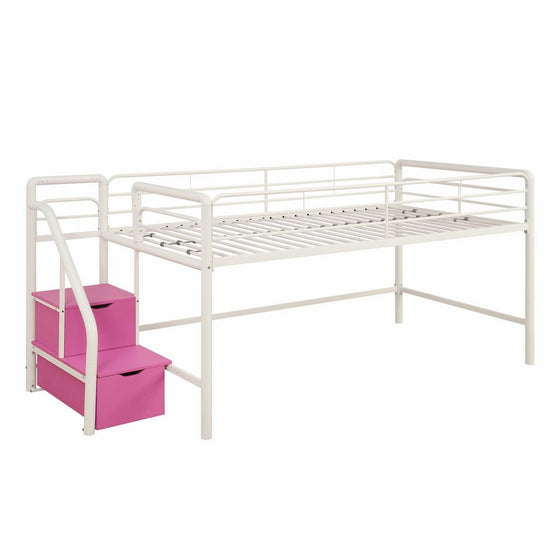 DHP Junior Twin Metal Loft Bed with Storage Steps, Space-Saving Solution, Multifunctional, White with Pink Steps