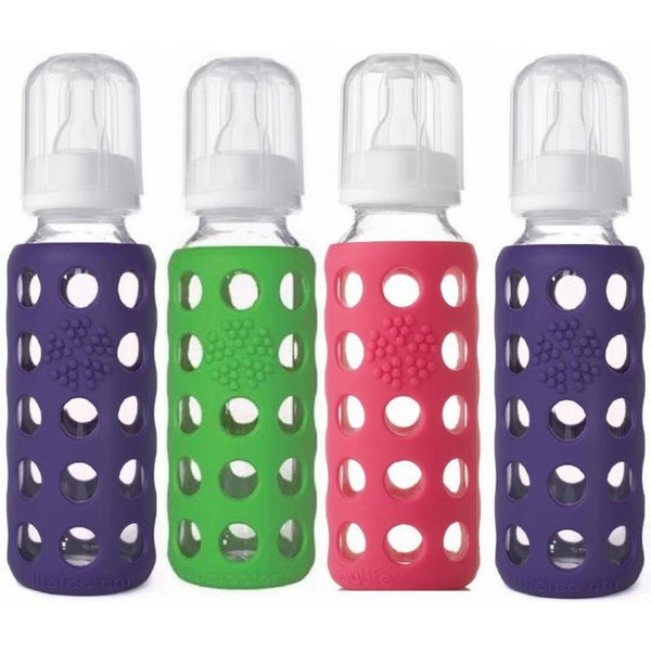 Lifefactory Glass Baby Bottles 4 Pack (9 oz. in Girl Colors), Purple/Green/Ra...