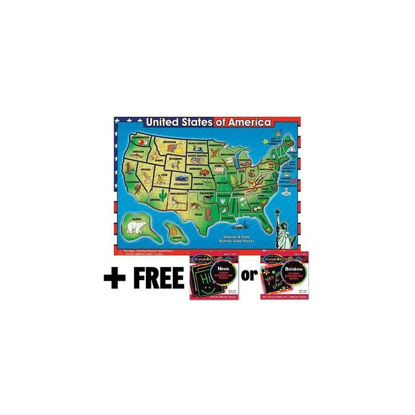 Wooden USA Map Sound Puzzle (40 Pieces) FREE Melissa & Doug Scratch Art Mini-Pad Bundle [07153]